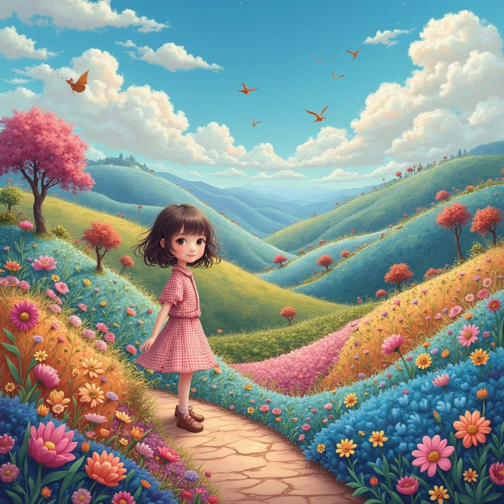 Gingham Patchwork Landscape in Anime Style