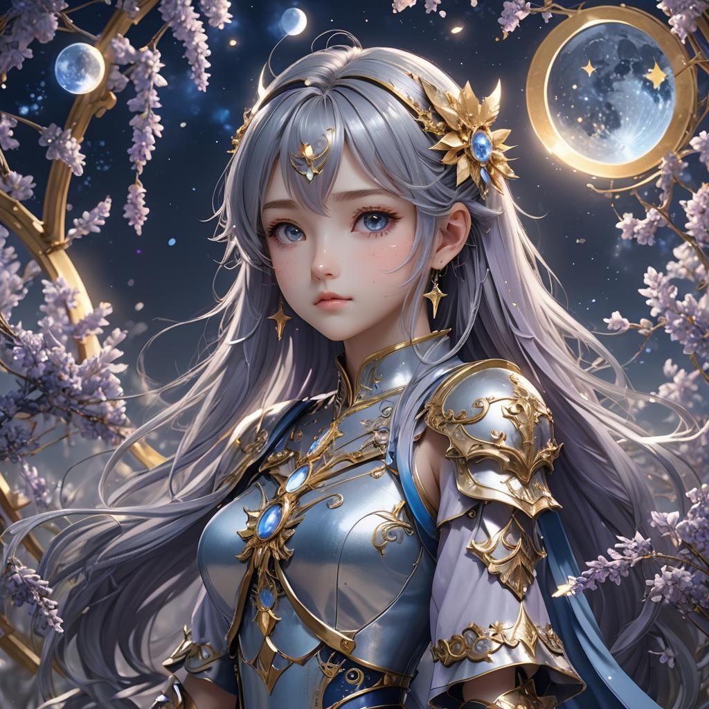 Anime Art in Moonlit Silver and Starlight Gold