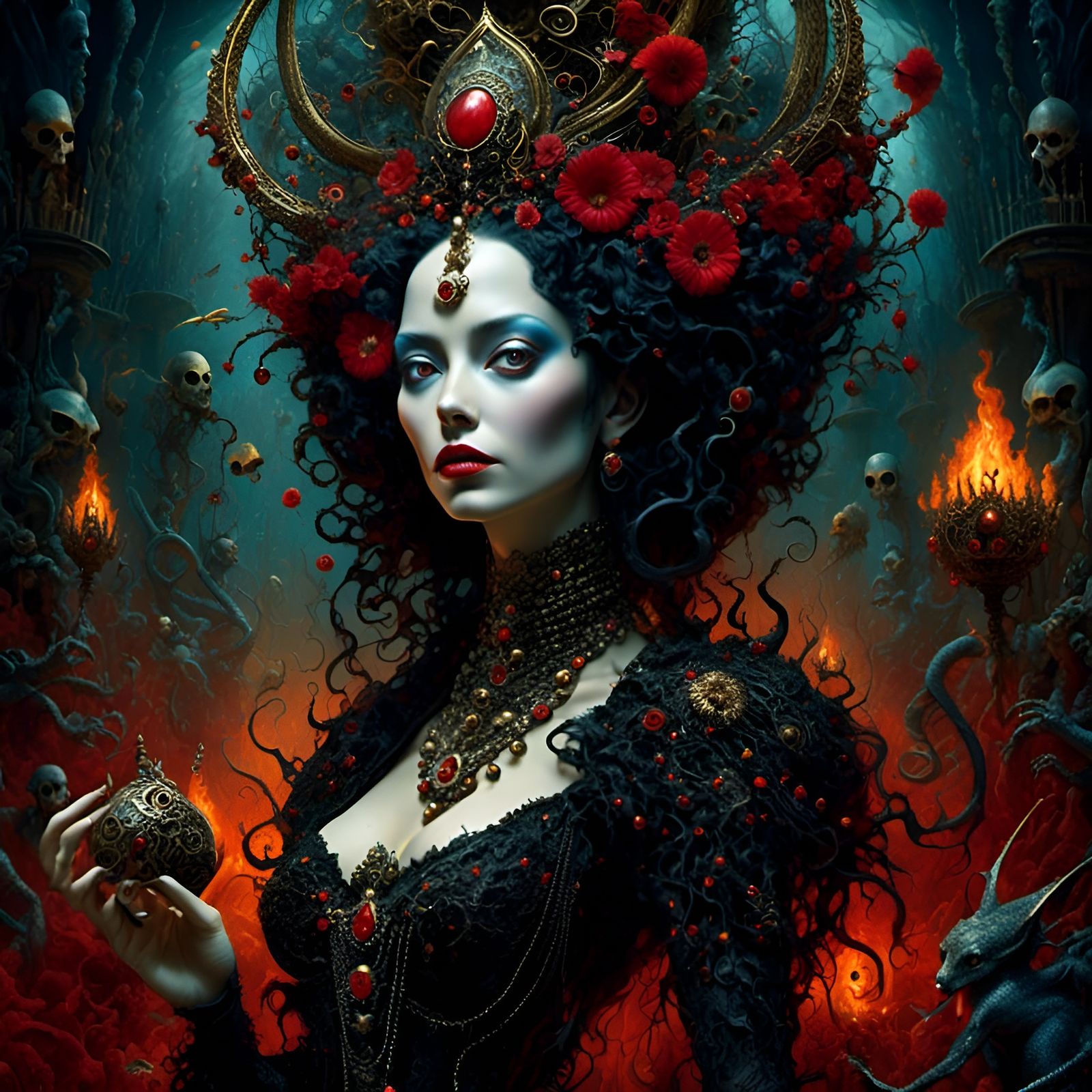 Elegantly Detailed Black Queen Summons Fire Witch