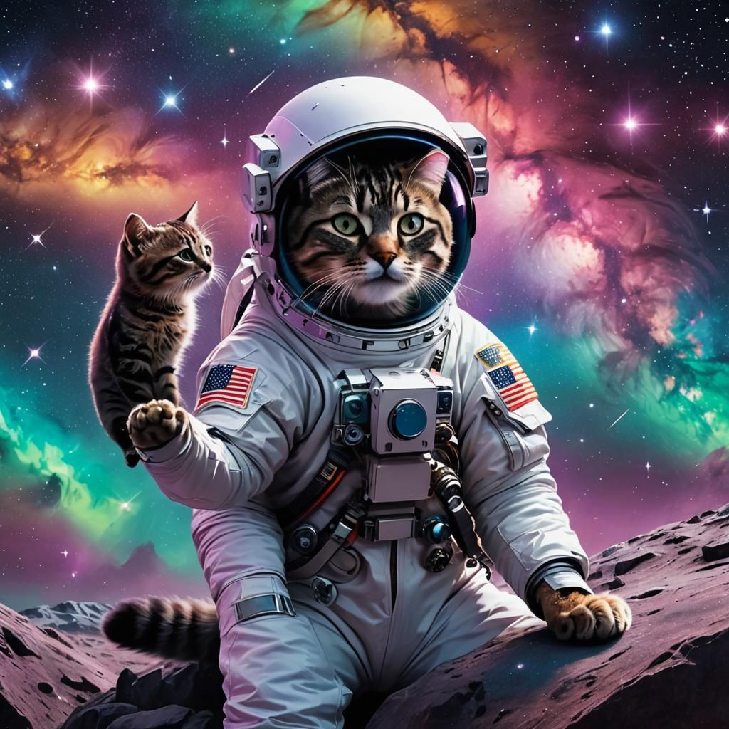 Astronaut and Cat in Psychedelic Galaxy Art