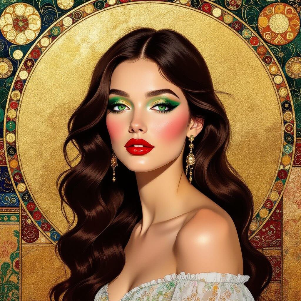 Golden Woman Portrait with Klimt-Inspired Artistry