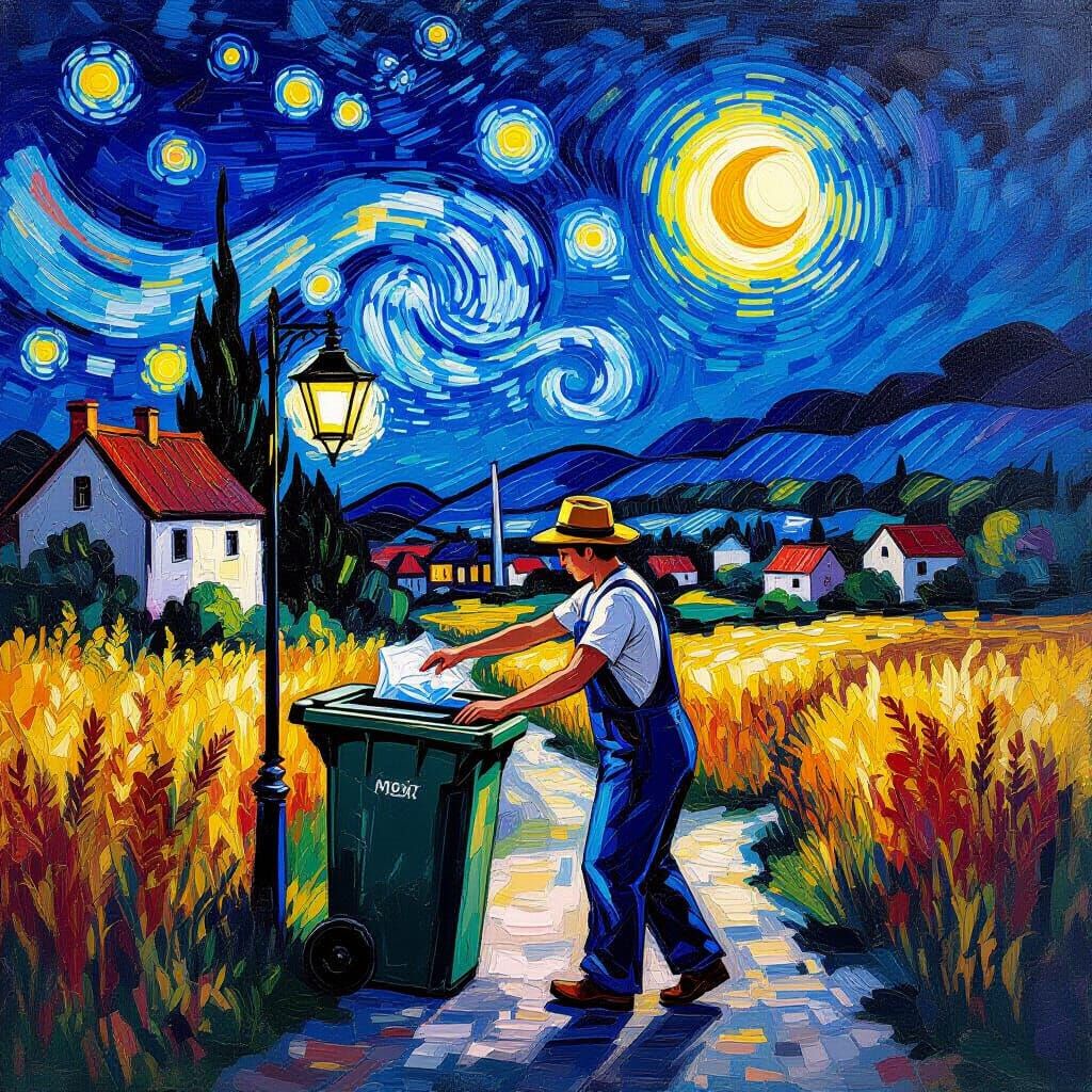 Moonlit Recycling Night in Impasto Oil Painting Style