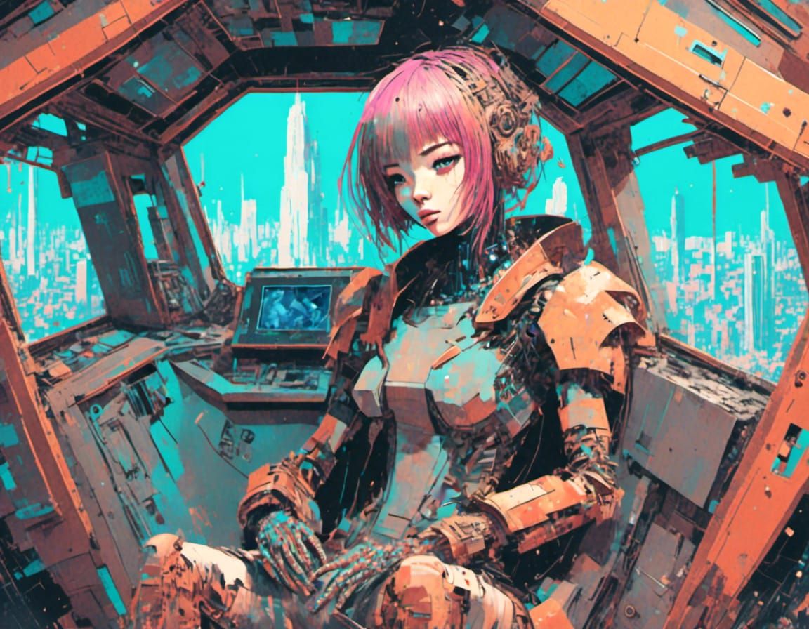 Cyberpunk Anime Cyborg Warlord in Spaceship Portrait