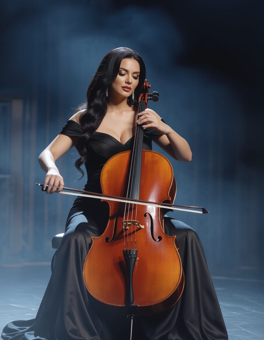 Voluptuous Persian Woman Plays Cello On Stage
