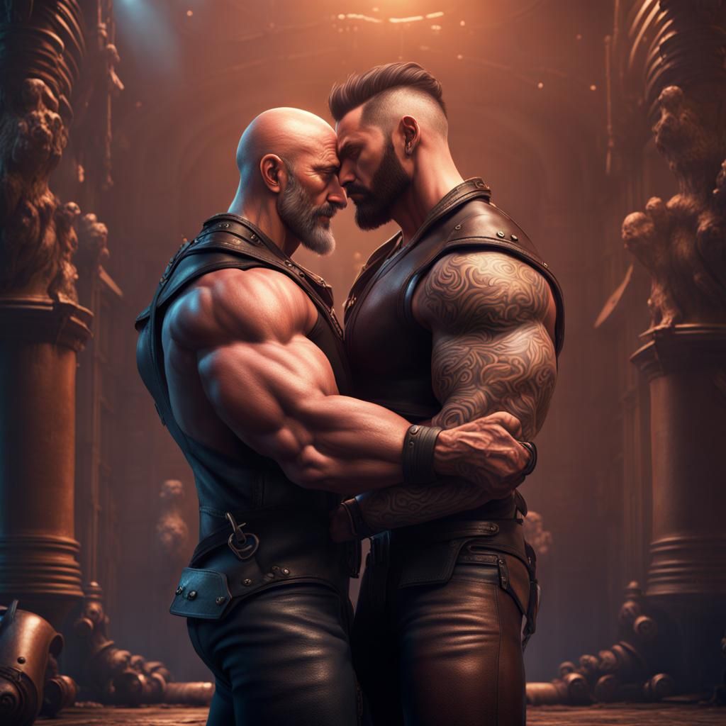 Gay Muscle Men Embrace: Detailed Fantasy Art