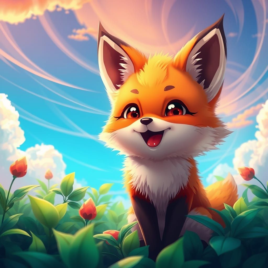 Joyful Chibi Fox in Vibrant Hyperrealistic Landscape