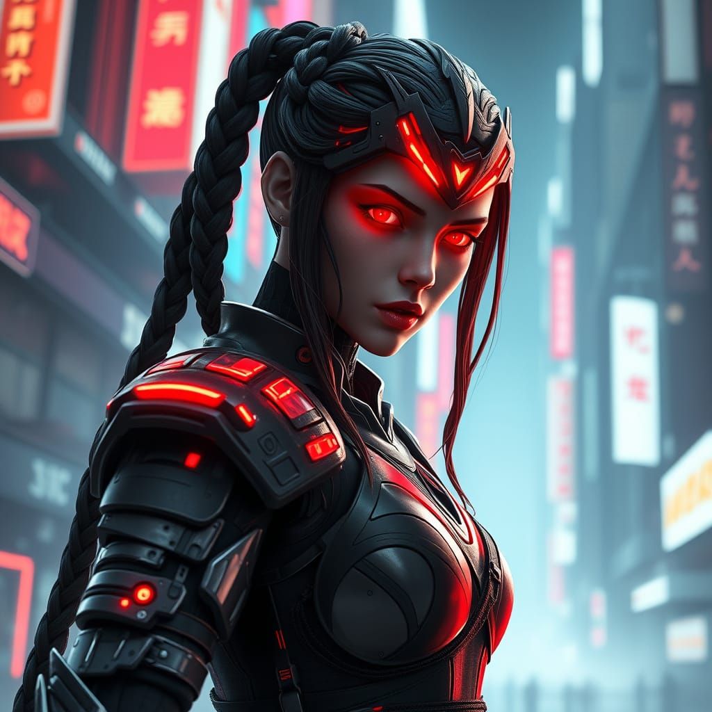 Ethereal Cyberpunk Samurai Woman Defies the City