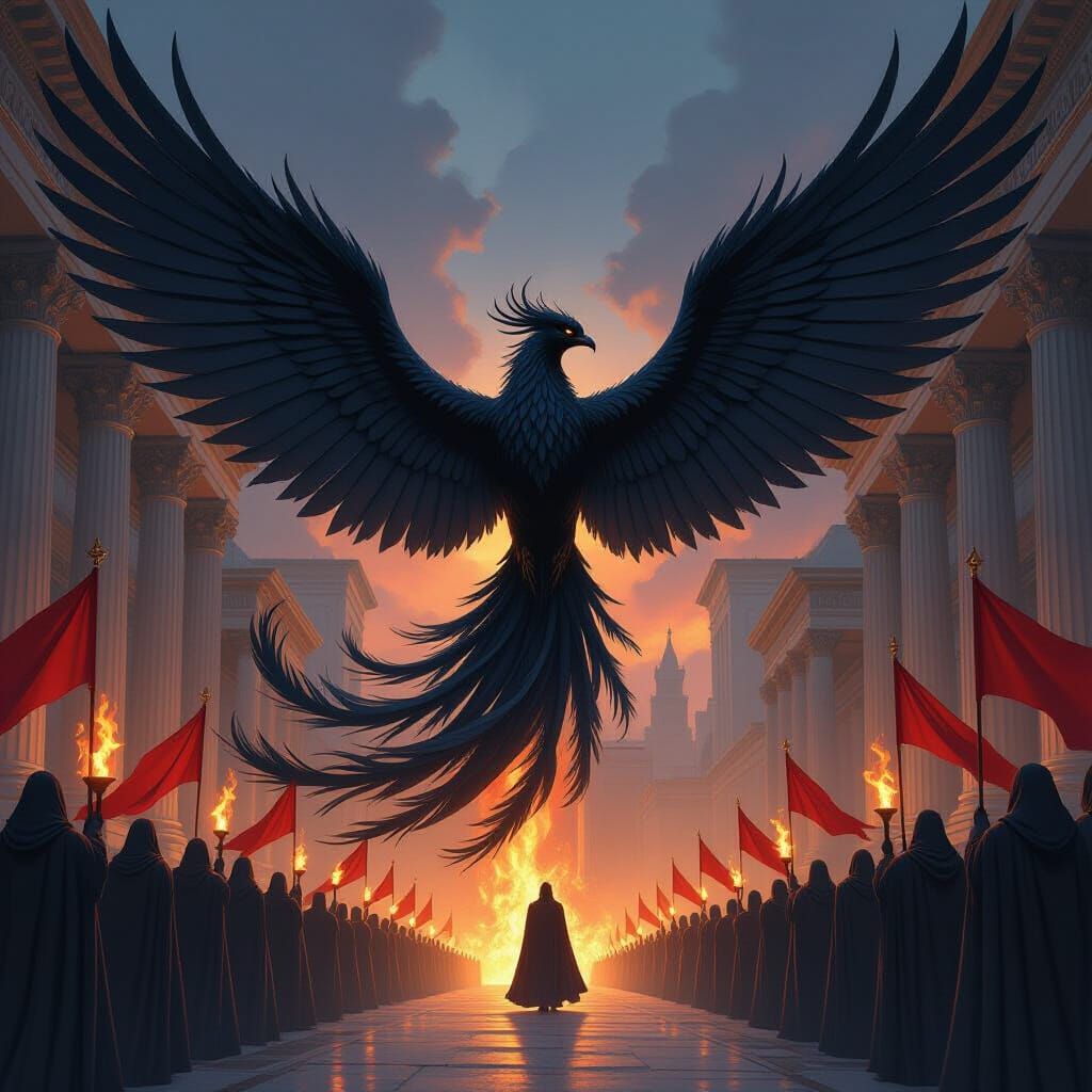 Dark Phoenix Rises Over Ancient City in Epic Fantasy