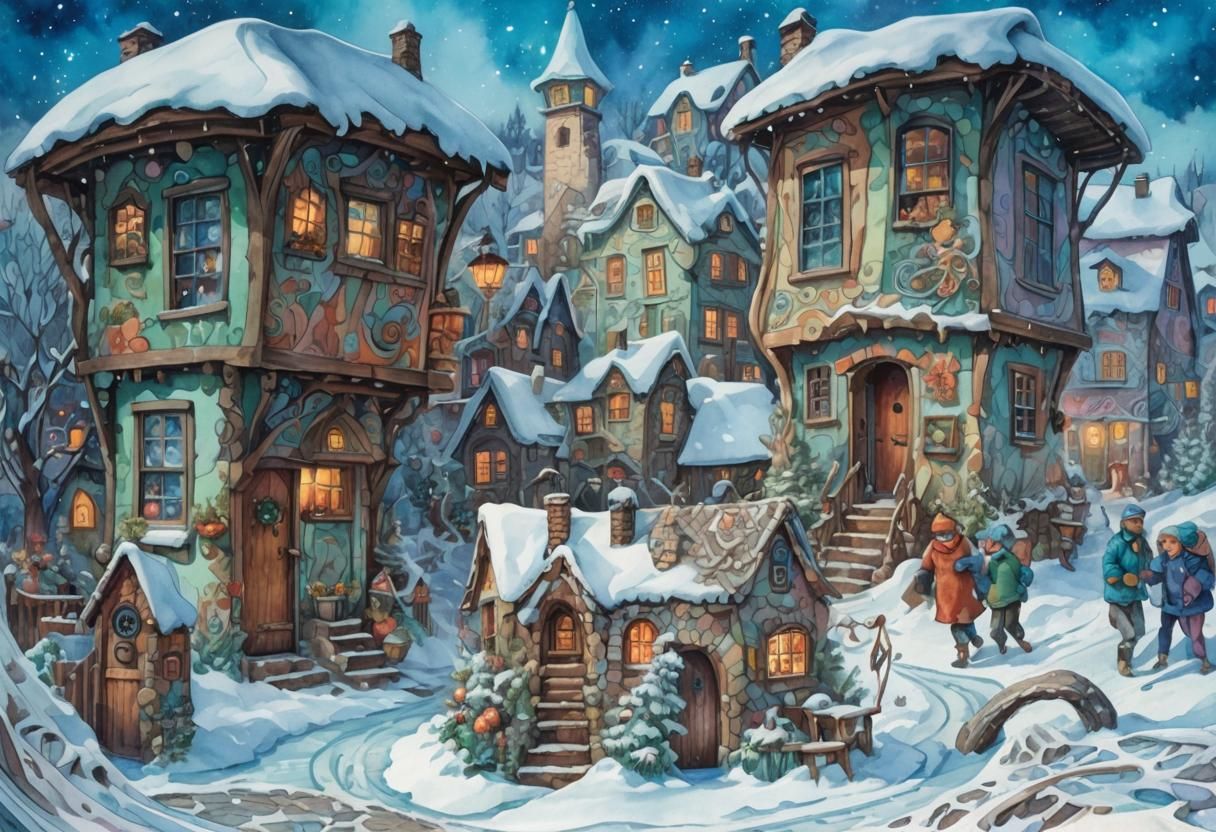 Whimsical Winter Village in Watercolor Style