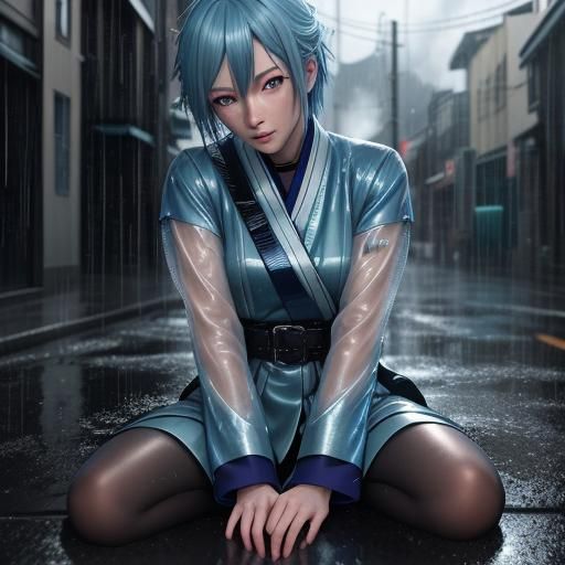 Rainy Night Anime Girl in Vaporwave Style