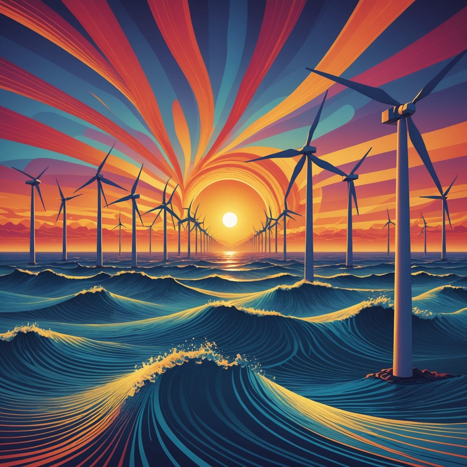 Offshore Wind Farm at Sunrise with Abstract Fractals