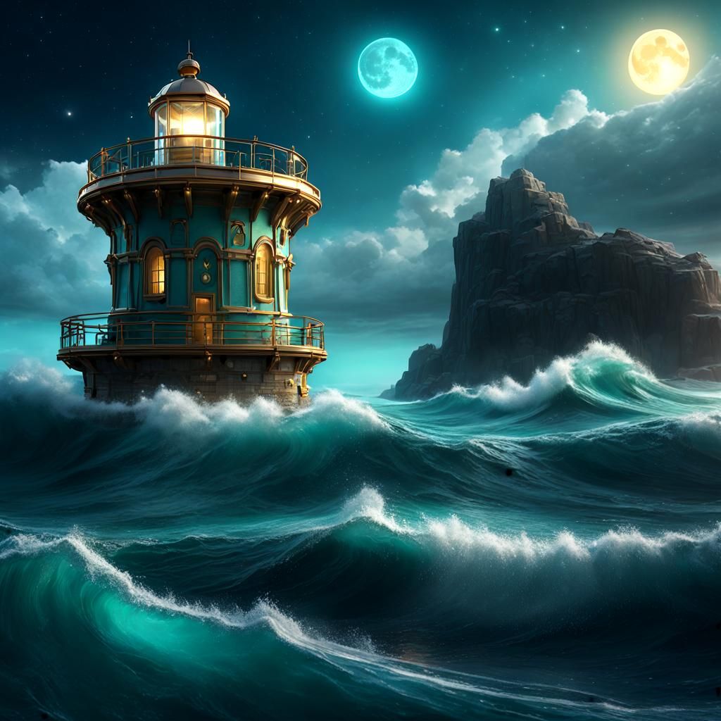 Fantasy Lighthouse Seascape with Sparkling Celestial Details