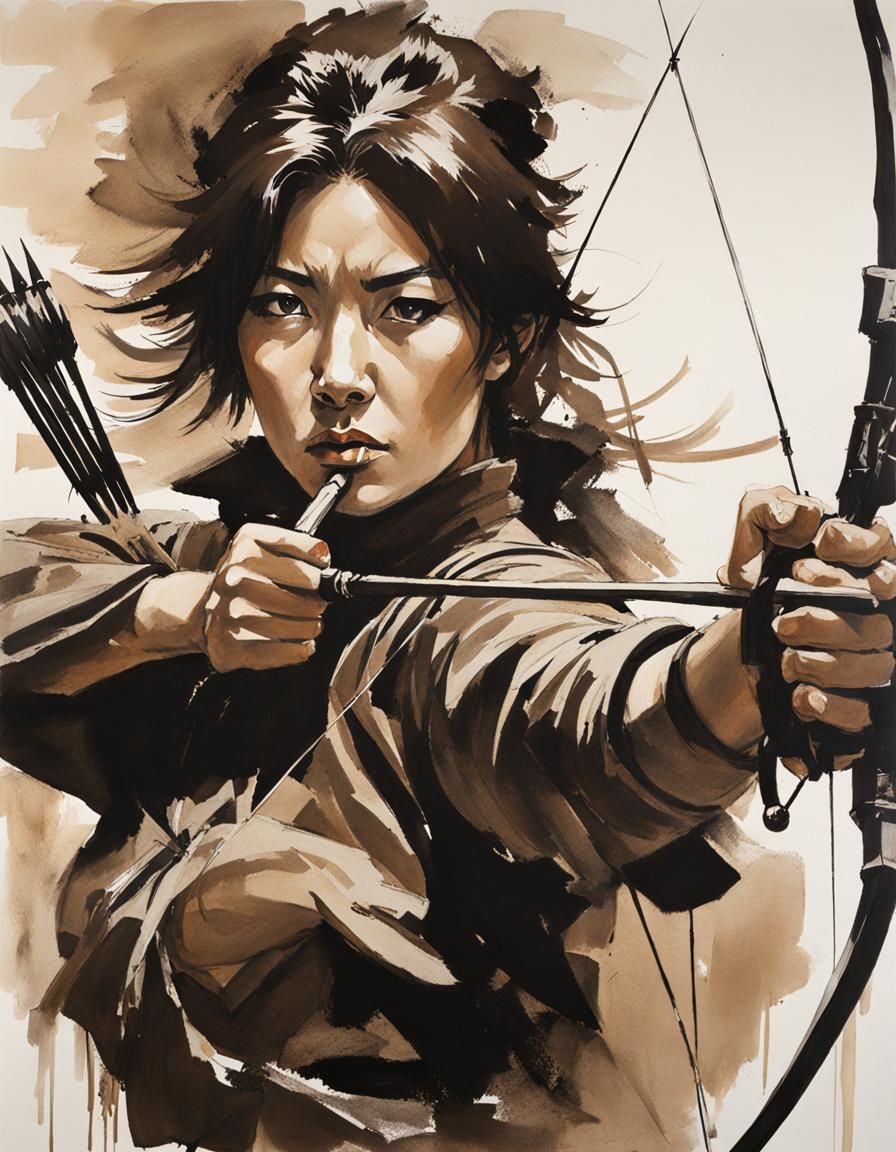 Female Archer: Monochromatic Gouache Gesture Painting