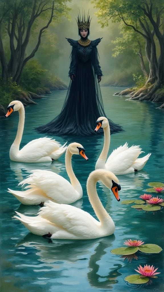 White Swans in Serene River Landscape with Dark Figure