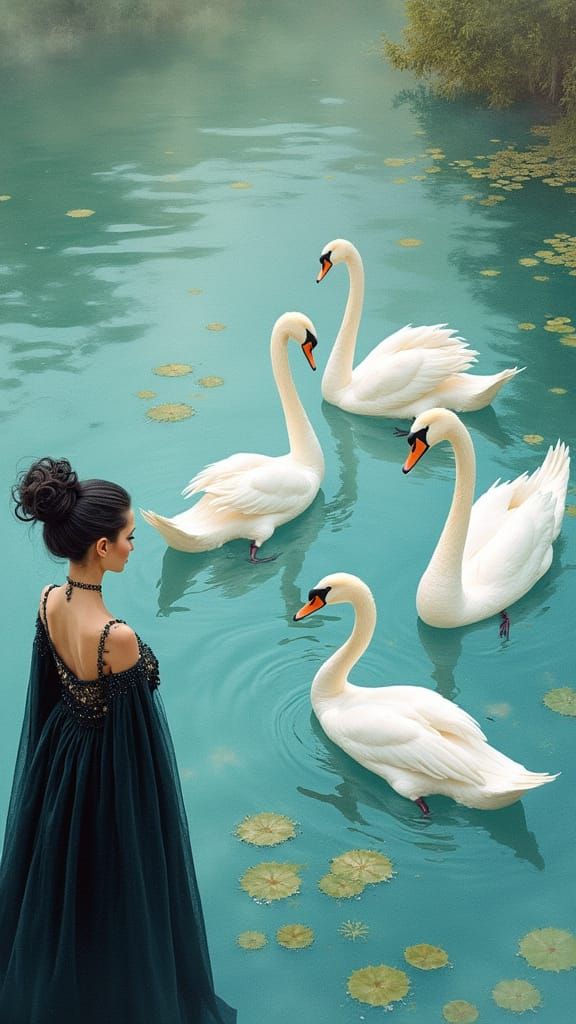 Whimsical Watercolor Swans in Elegant, Dreamy Landscape