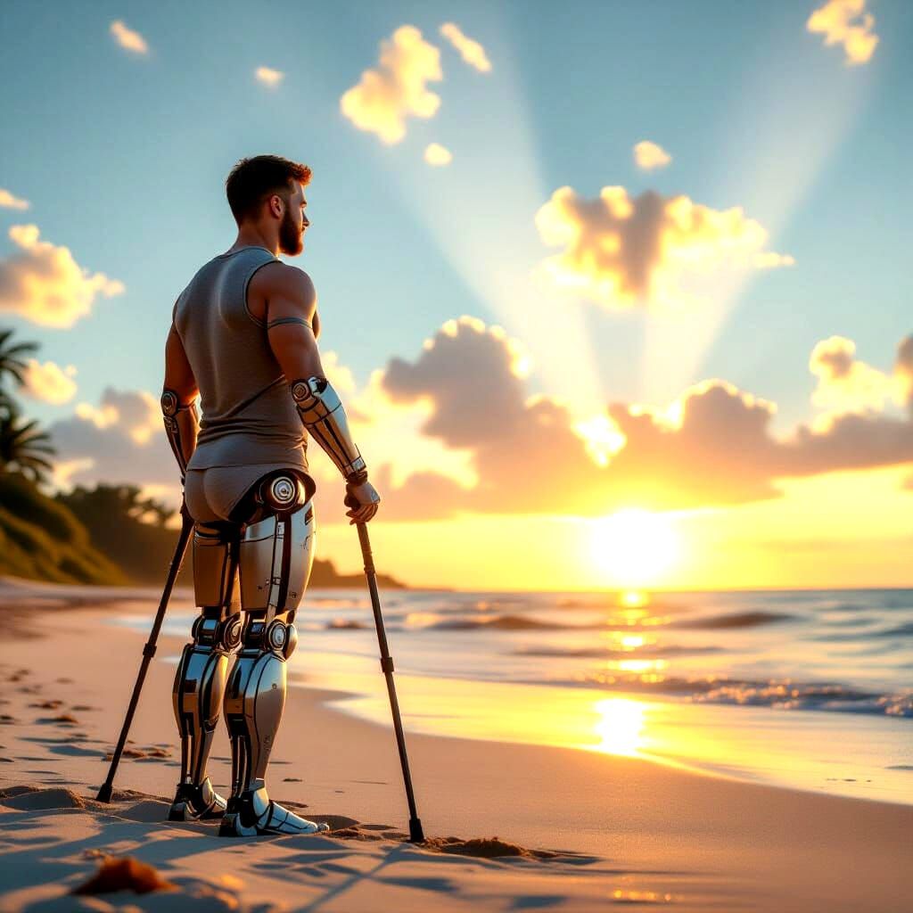 Man with Mechanical Leg Watches Sunrise