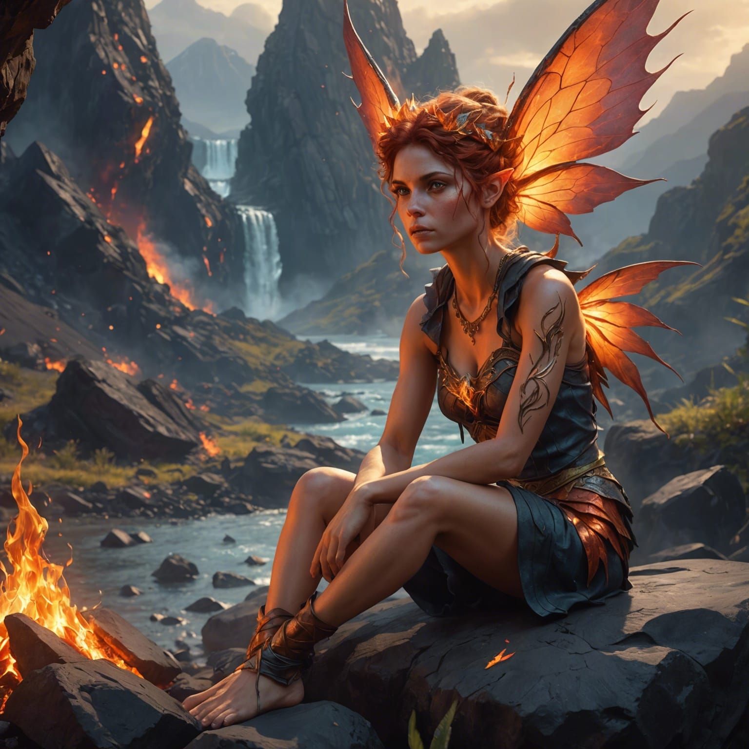 A Fire faery sitting on a rock in a volcanic paradise