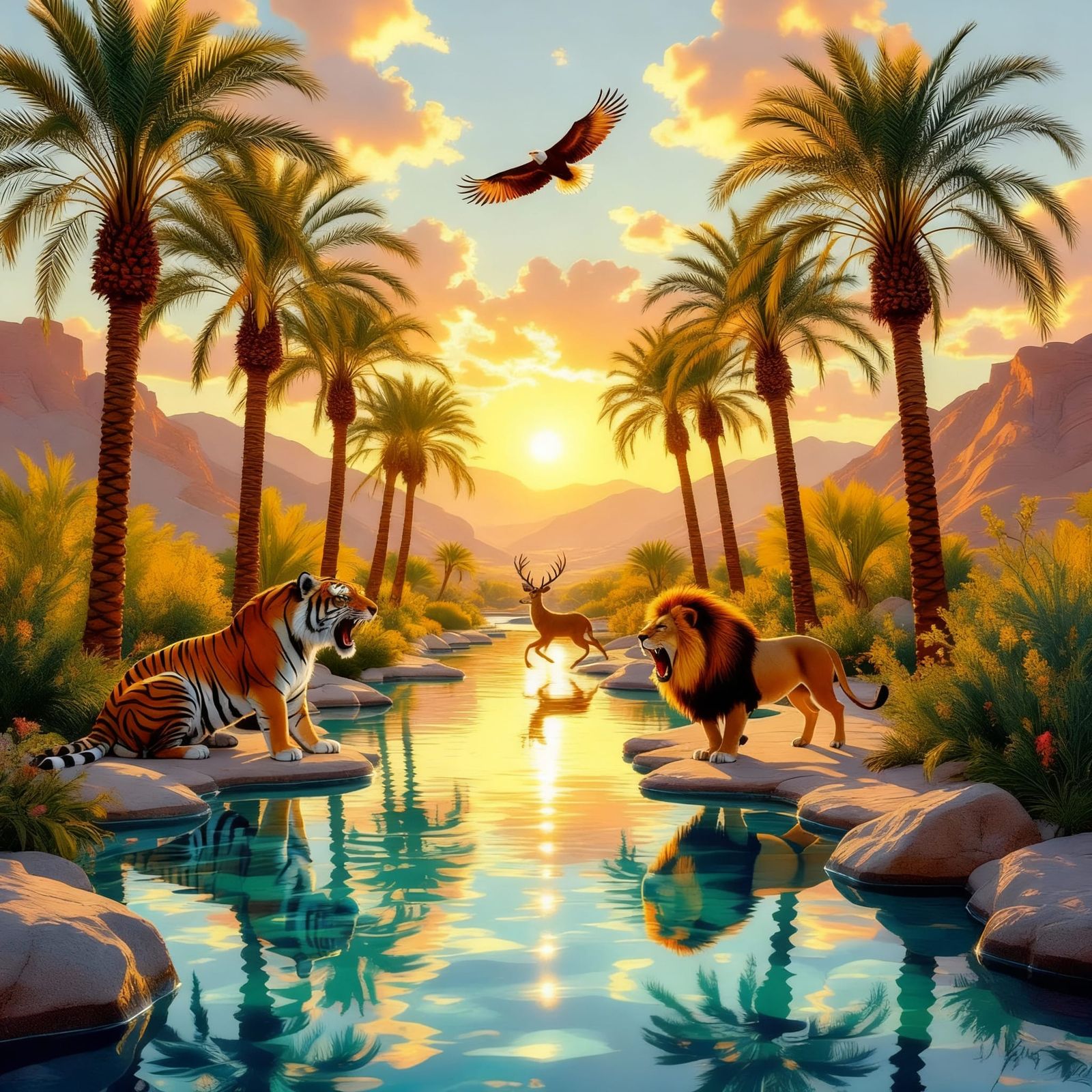 Majestic Desert Oasis With Wildlife At Sunset