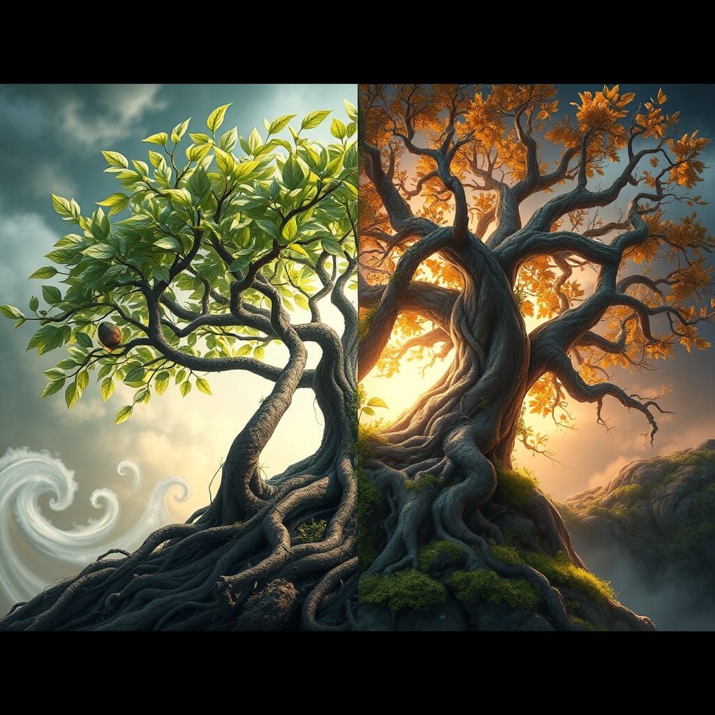 Tree Life Cycle in Vibrant, Surreal Art