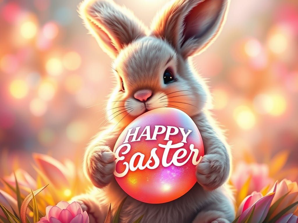 Vibrant Easter Bunny in Whimsical Holographic Landscape