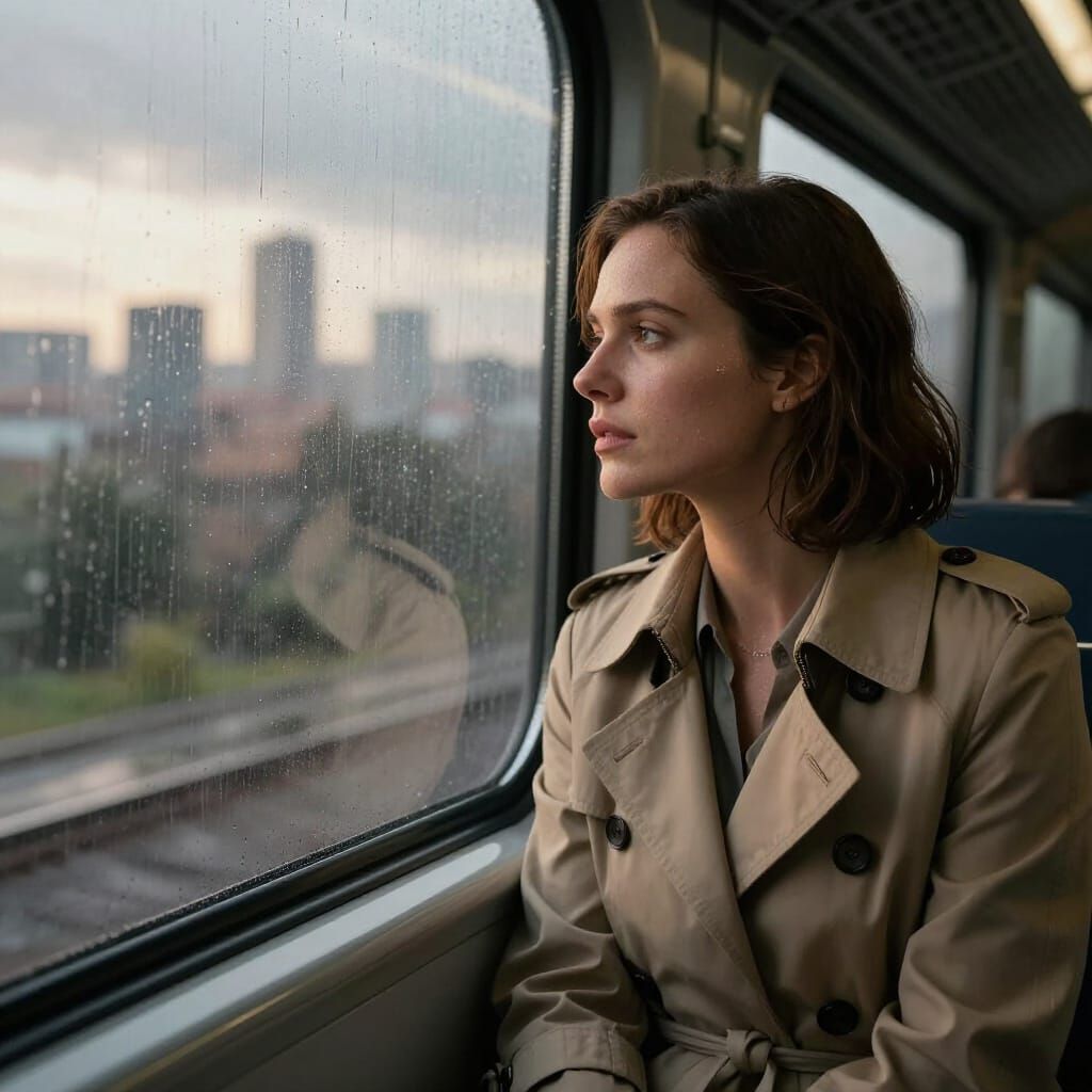 Rainy Train Commute with Woman by Window