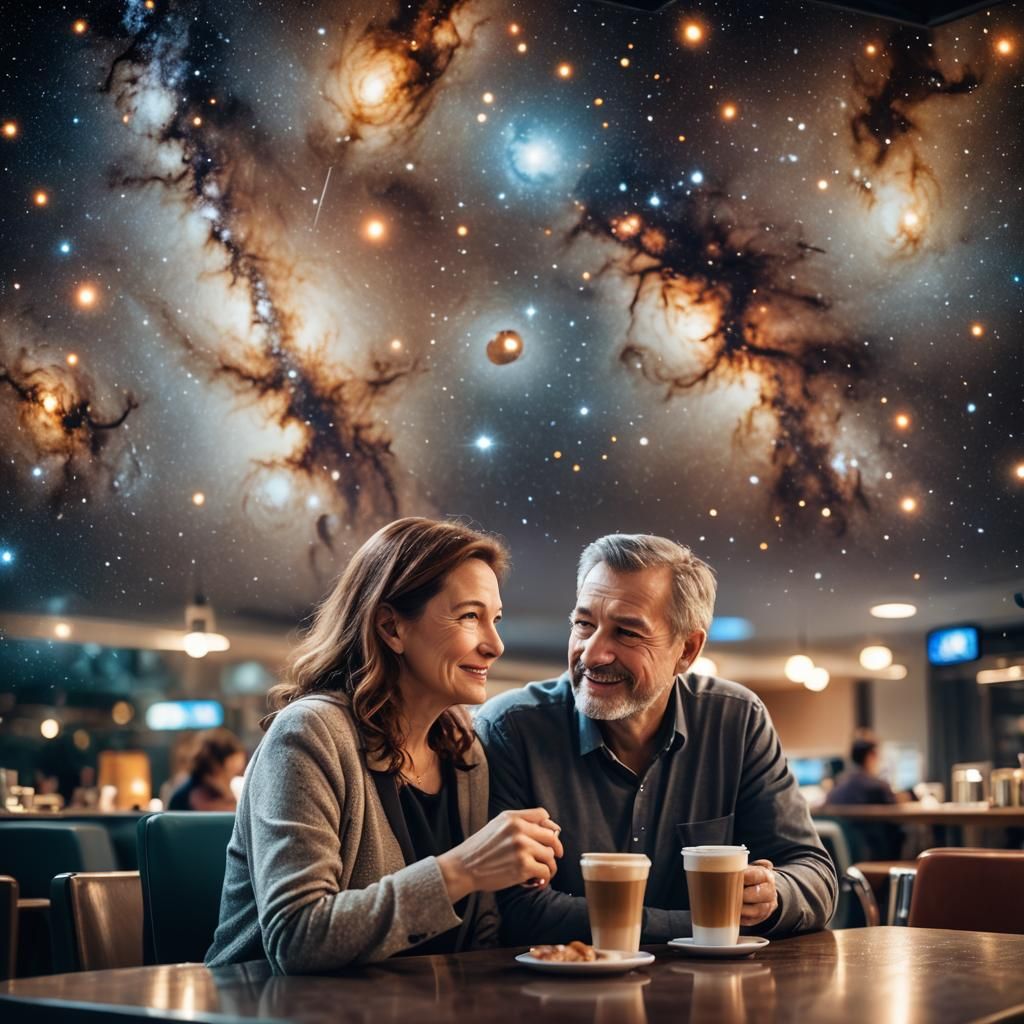 Couple Enjoying Coffee with Galaxy View