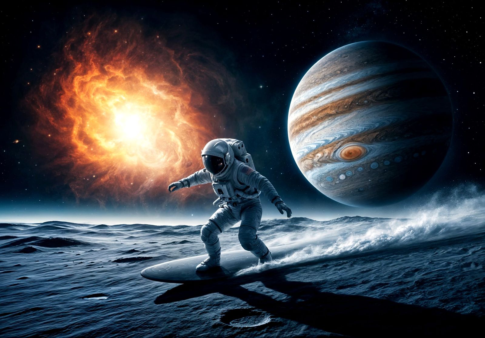 Astronaut Rides Cosmic Waves on Jupiter's Moonscape