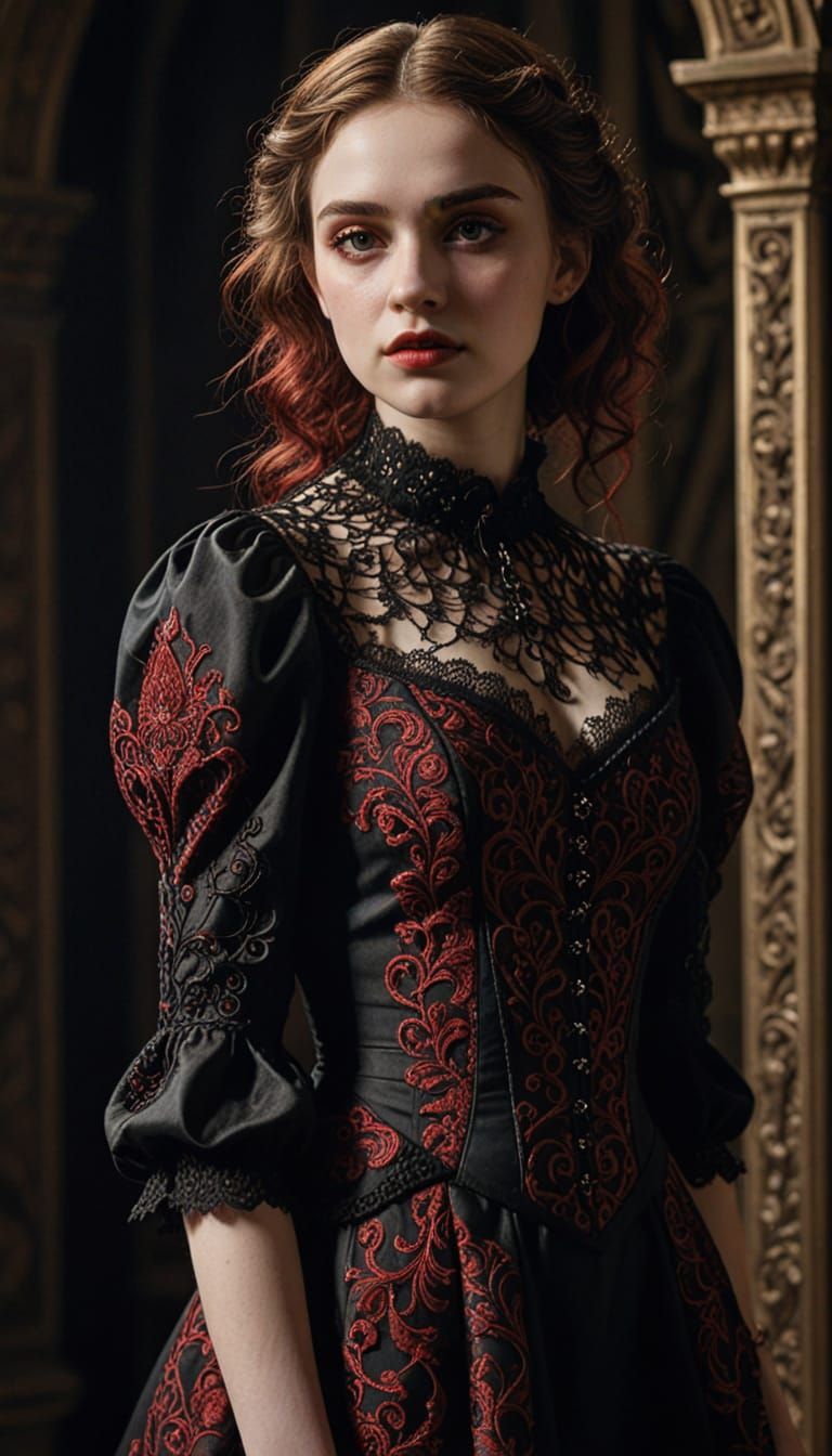 Gothic Dress Portrait: Crimson Embroidery & Lace Neckline