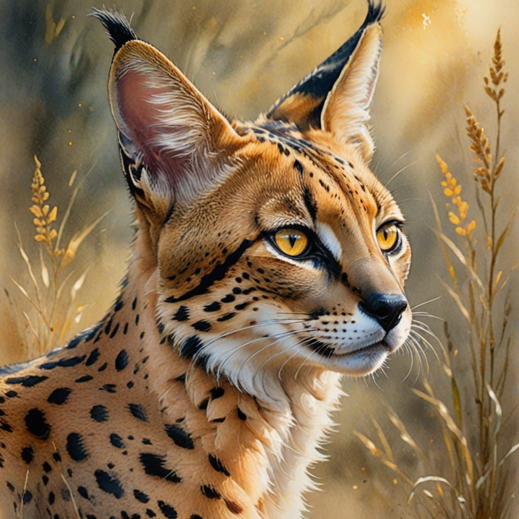 Elegant Serval in Ethereal Watercolor Mist