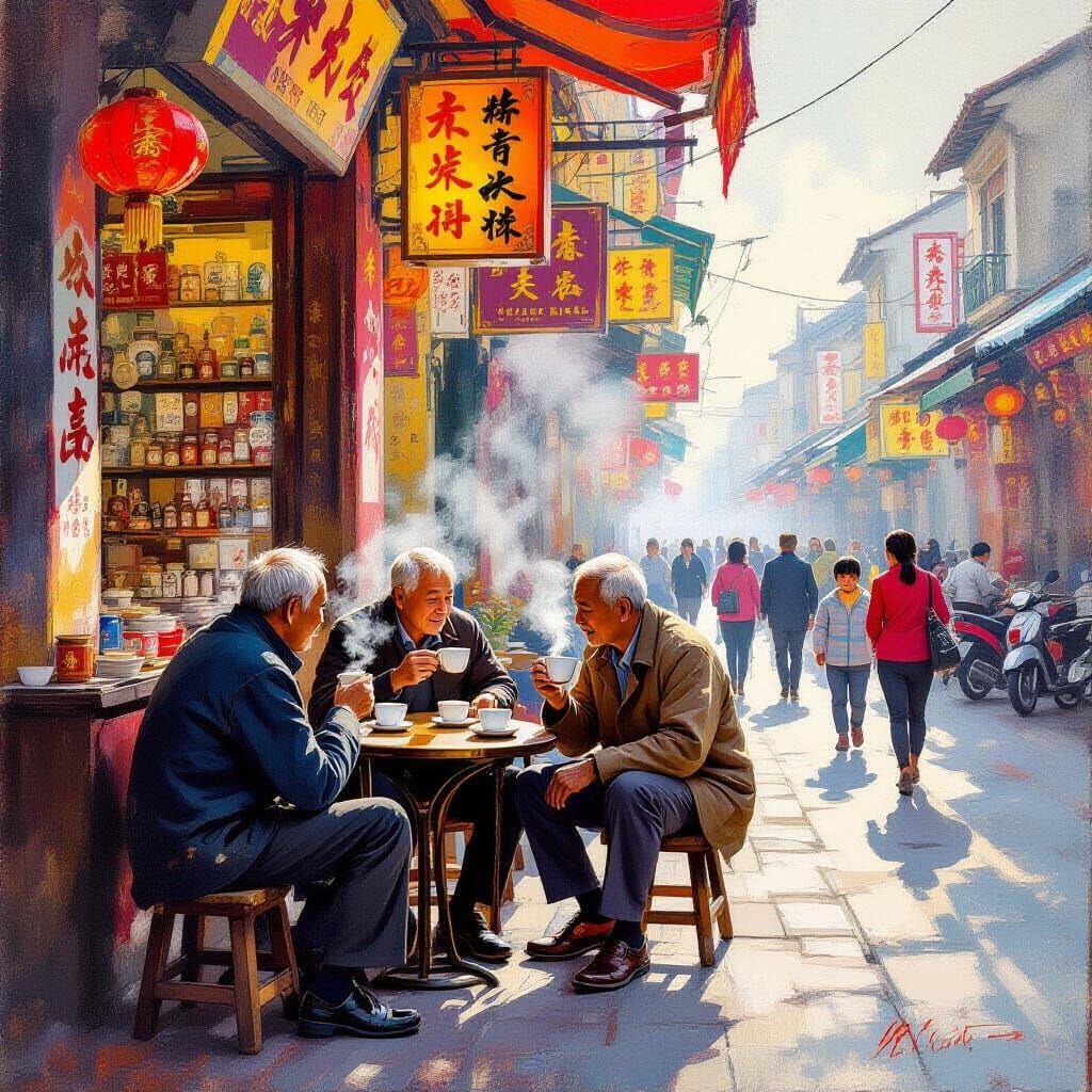 Vibrant Asian Street Scene with Tea Stall, Impressionistic S...