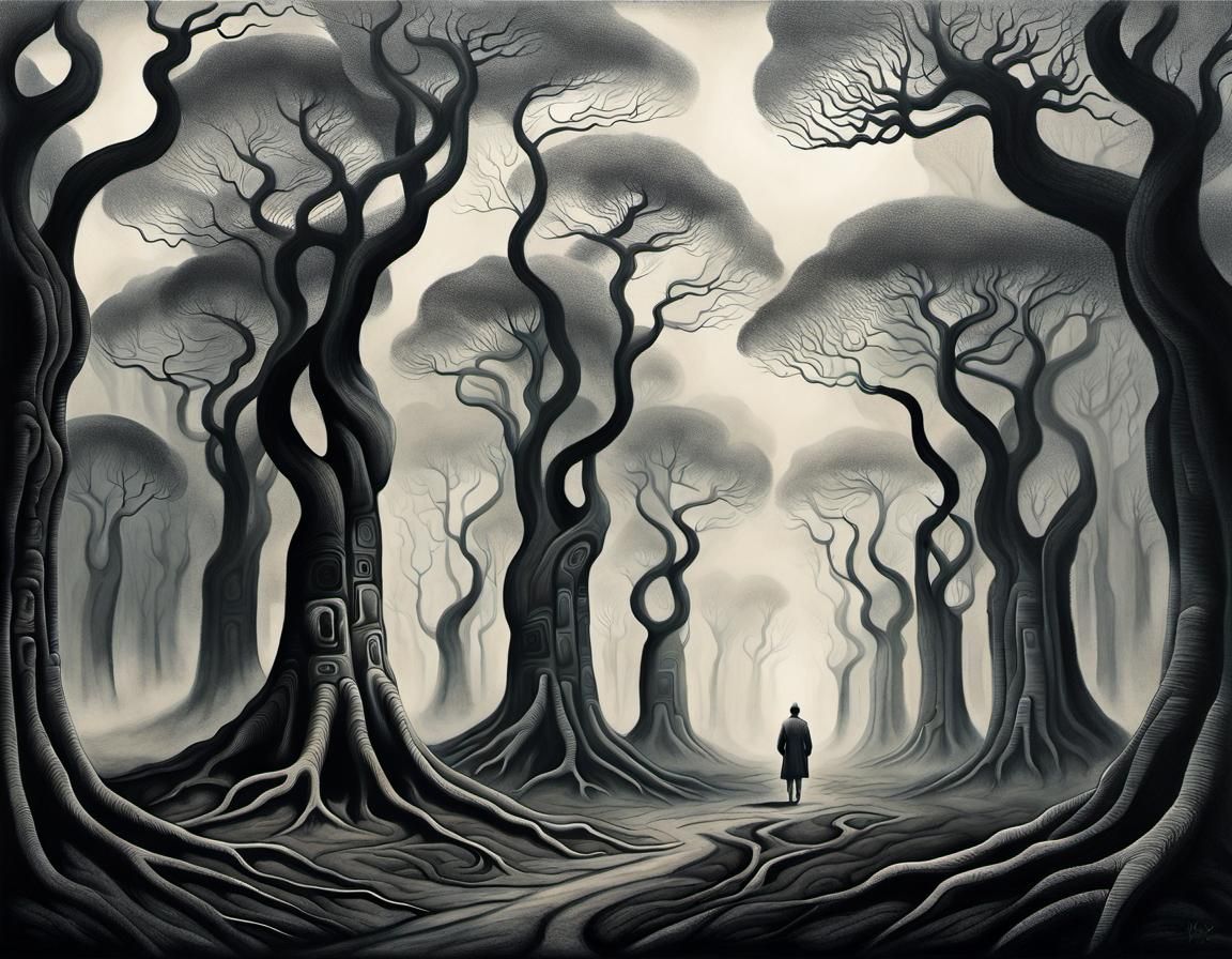 Eerie Forest on Titan in Dark Expressionism Style