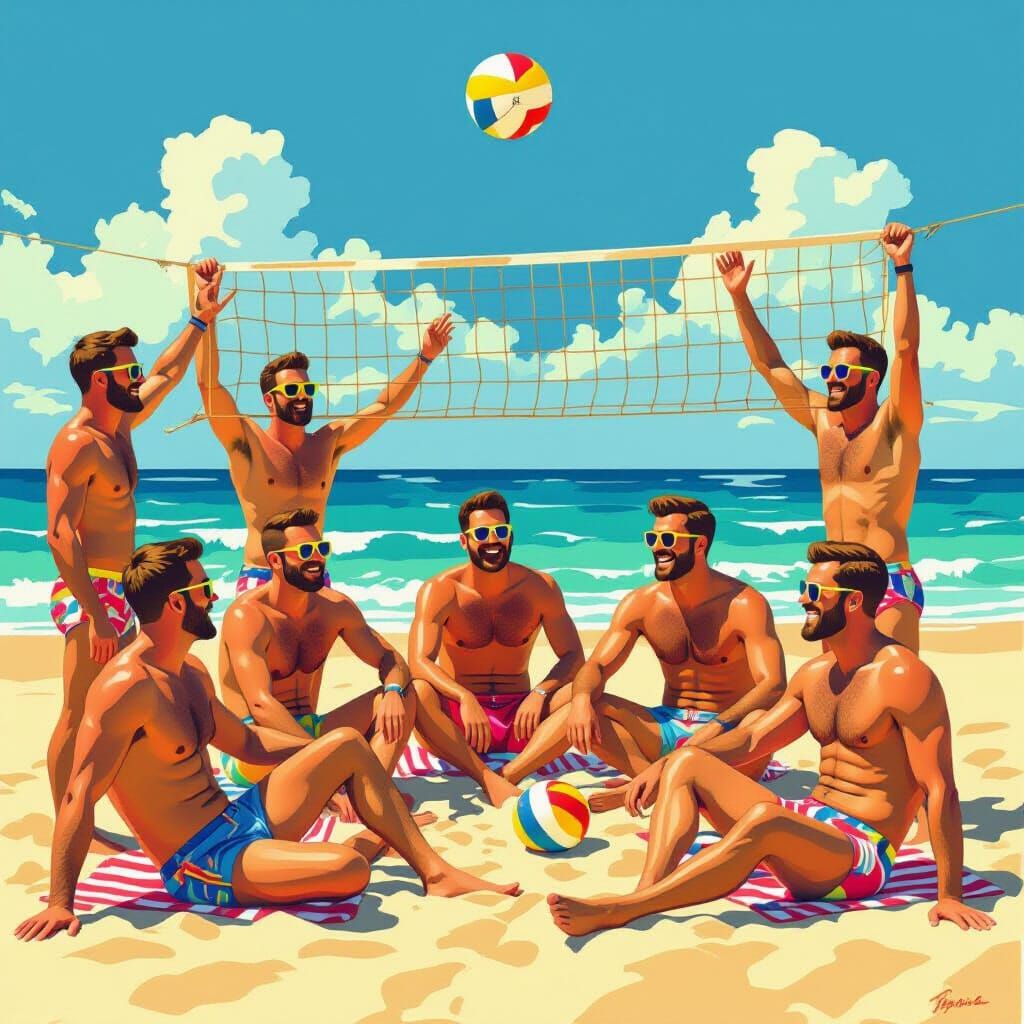 Vibrant Beach Scene with Gay Men in Style of Hockney