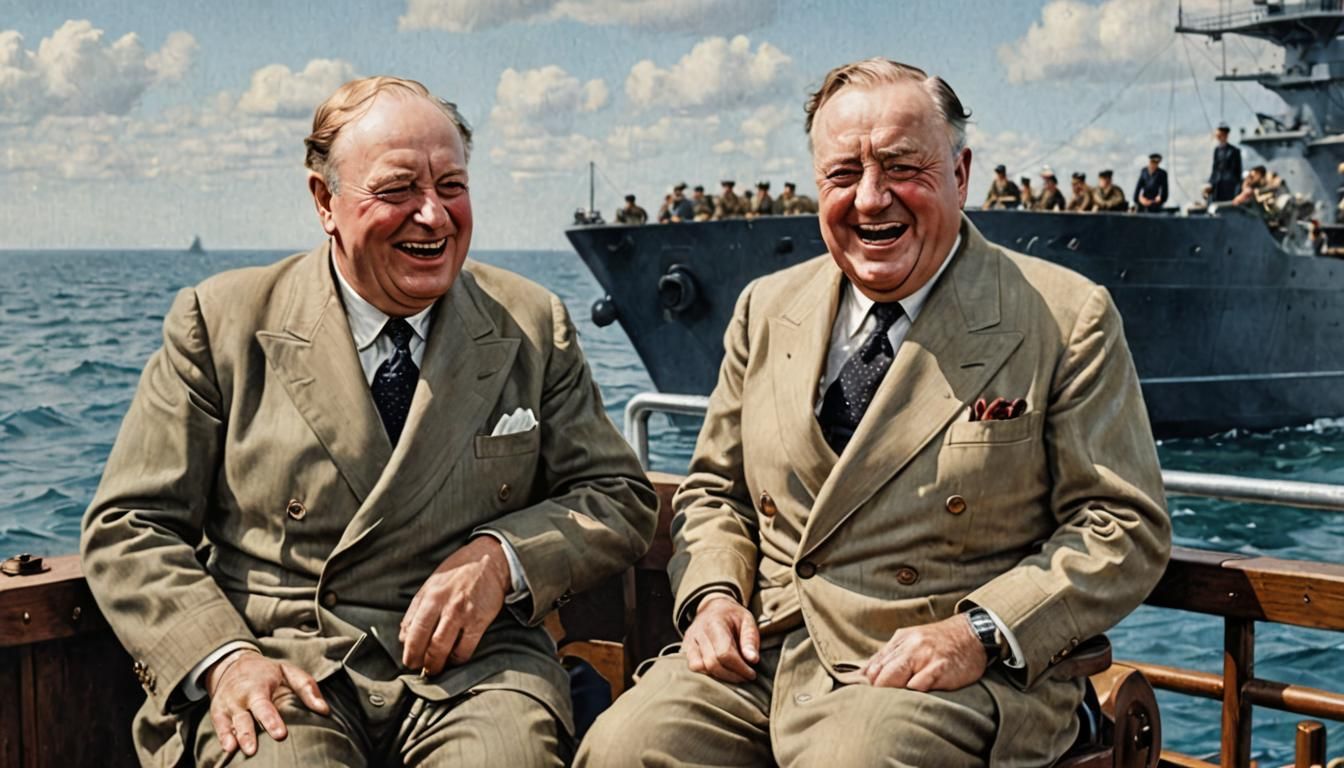 Churchill and Roosevelt Laughing on Navy Cruiser