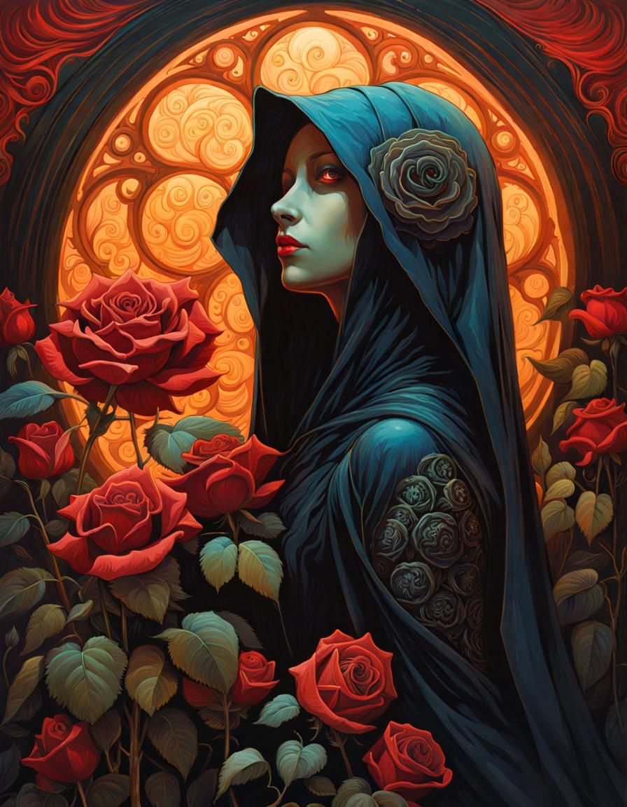 Detailed Black Rose in Gouache Style