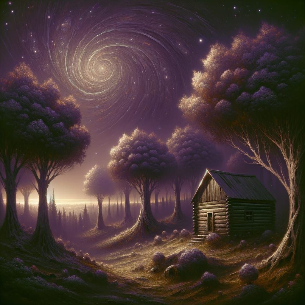 Alien Cabin in Violet Sunset: Romantic Oil Painting