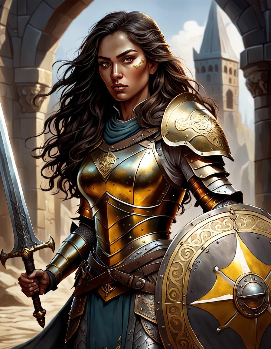 Beautiful Warrior Woman in Golden Armor