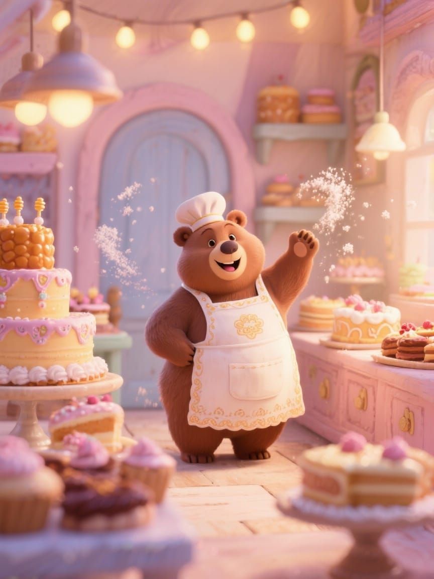 Friendly Bear Baker in Cozy Miniature Bakery