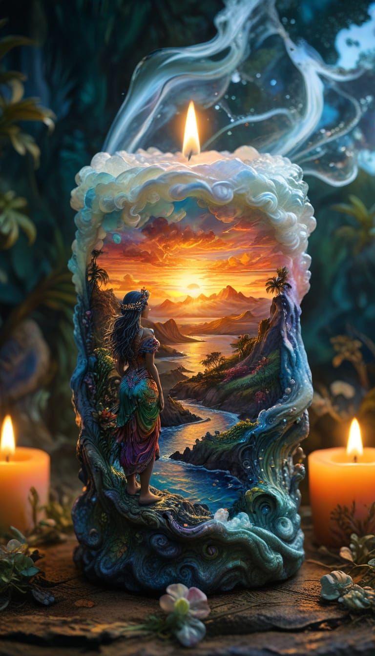 Hawaiian Goddess Gazes at Sunset Landscape in Maximalist Sty...