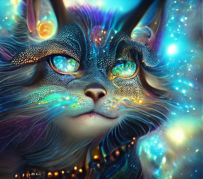 Magic Cosmic Cat in Iridescent Aetherpunk Starry Night