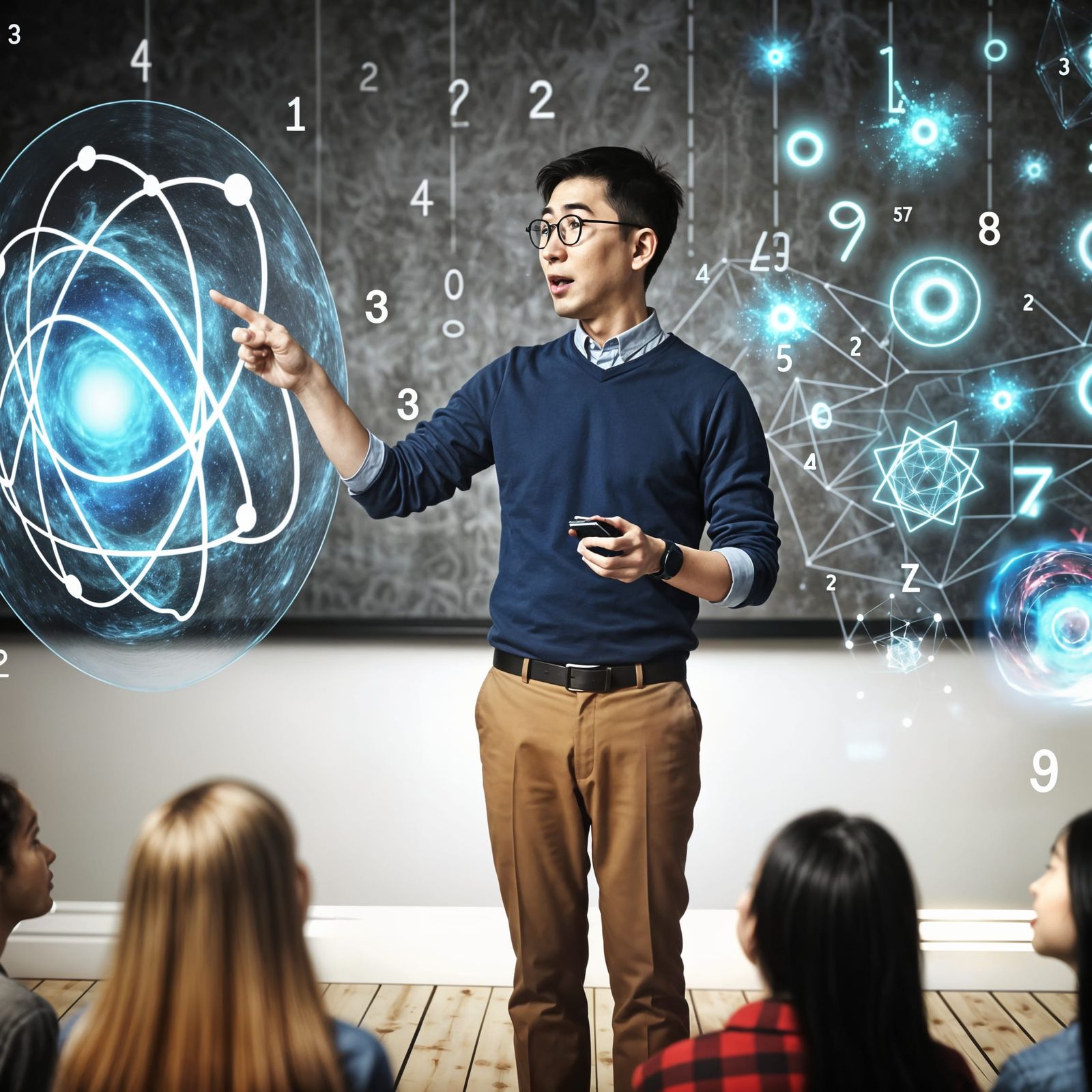 Teacher in Futuristic Classroom with Holographic Whiteboard