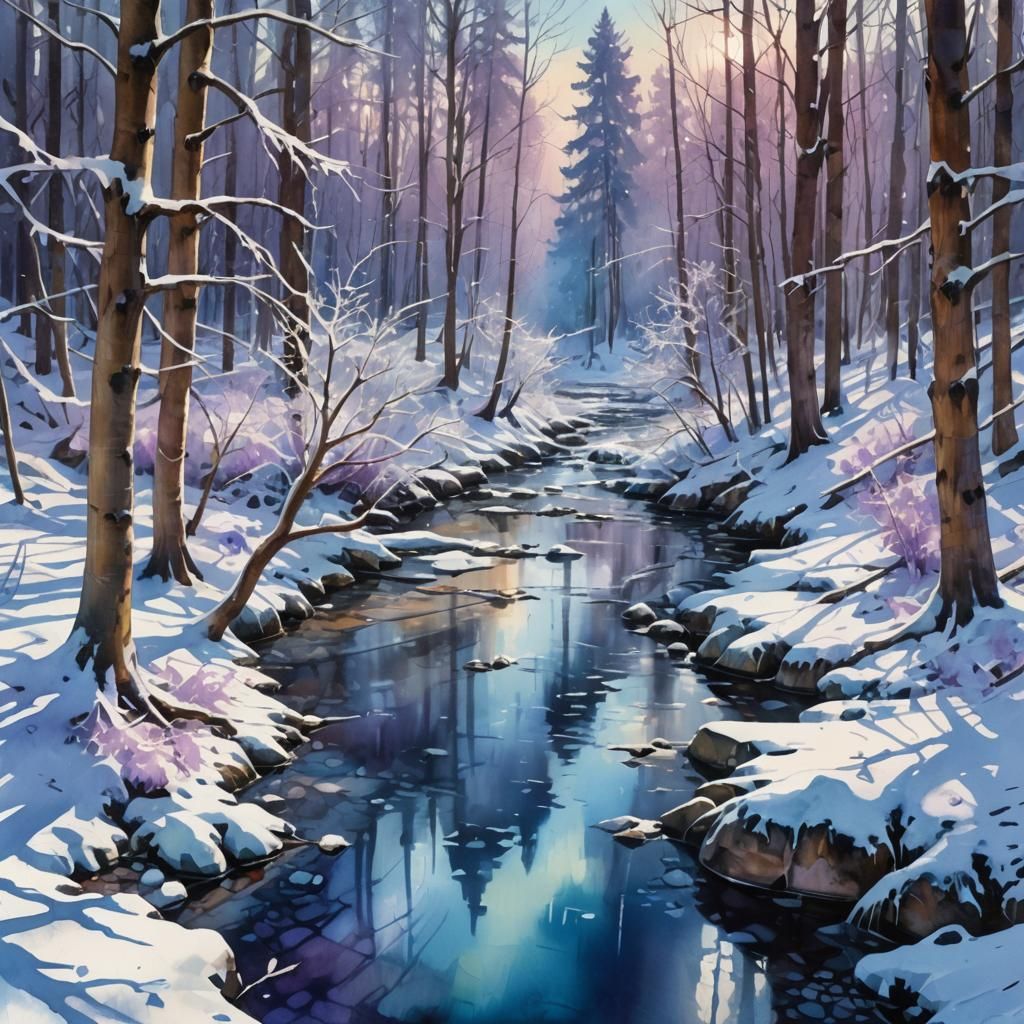 Icy Creek in Winter Forest, Watercolor Illustration