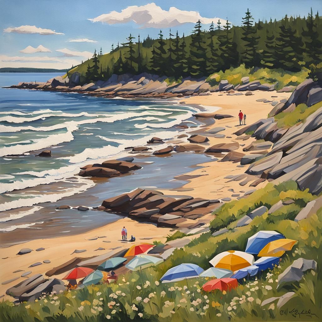 Nova Scotia Beach on a Sunny Day as Gouache Painting