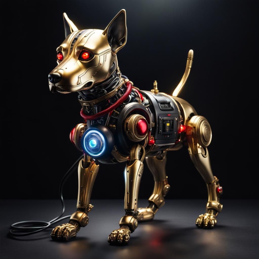 Golden Cyborg Dog with Red Eyes, Matte Painting