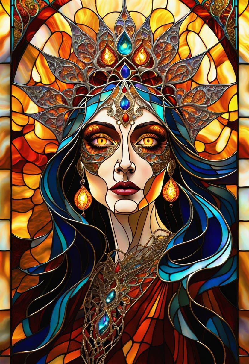 Terrifying Djinn Lady in Stained Glass Style
