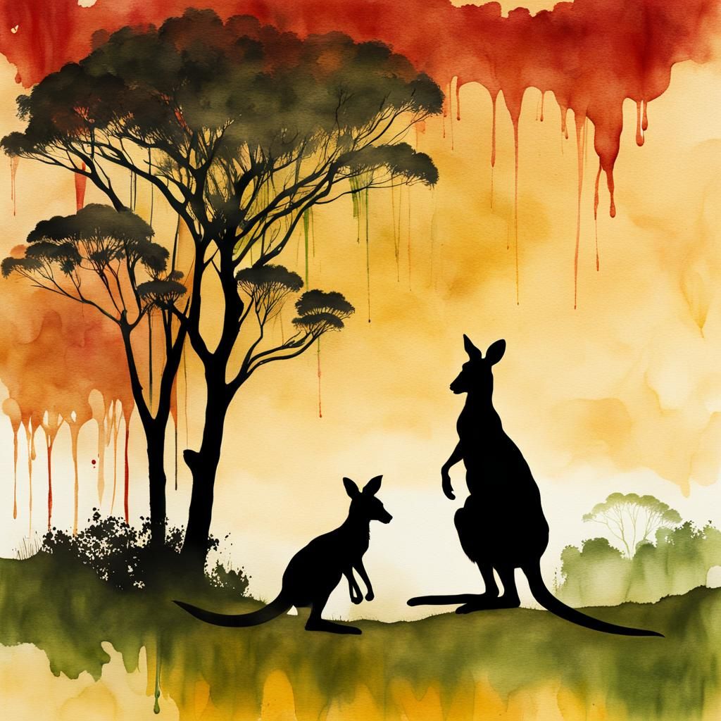 Kangaroo and Joey Ink Wash Painting