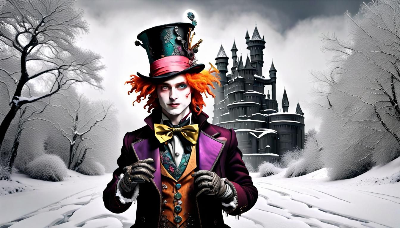 Steampunk Robo Cyber crystal ice Mad Hatter, Winer aetherpunk scene, Tim Burton, Picasso's integrated flowing compositio...