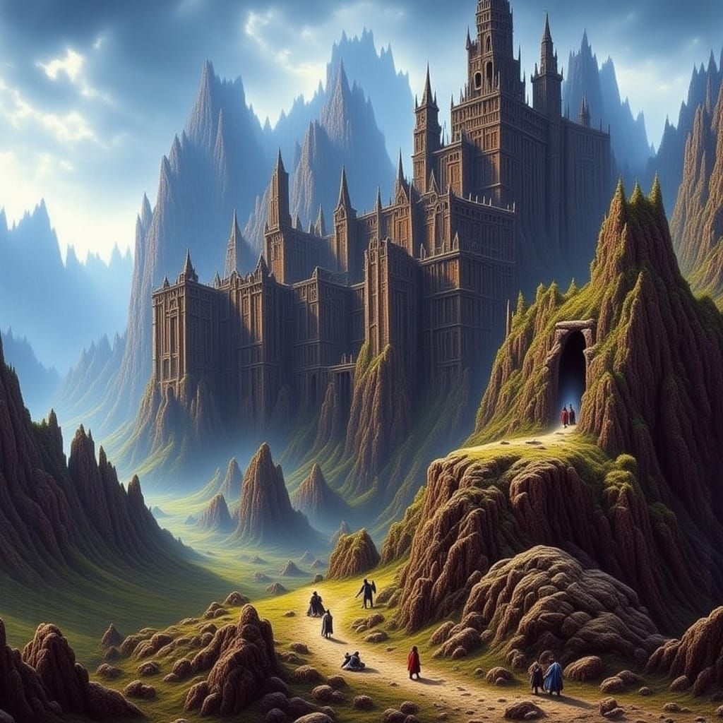 Travelers Approach Forbidding Fortress in Fantasy Landscape