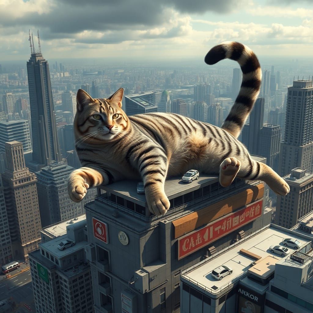 Colossal Tabby Cat Dominates City Skyline in 8k