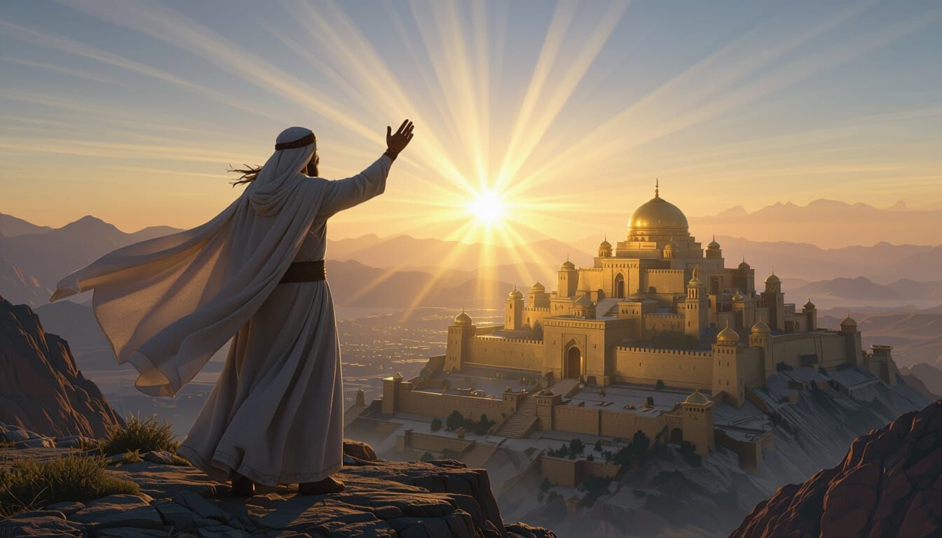 Majestic Figure Gazes at Golden City at Epic Sunrise