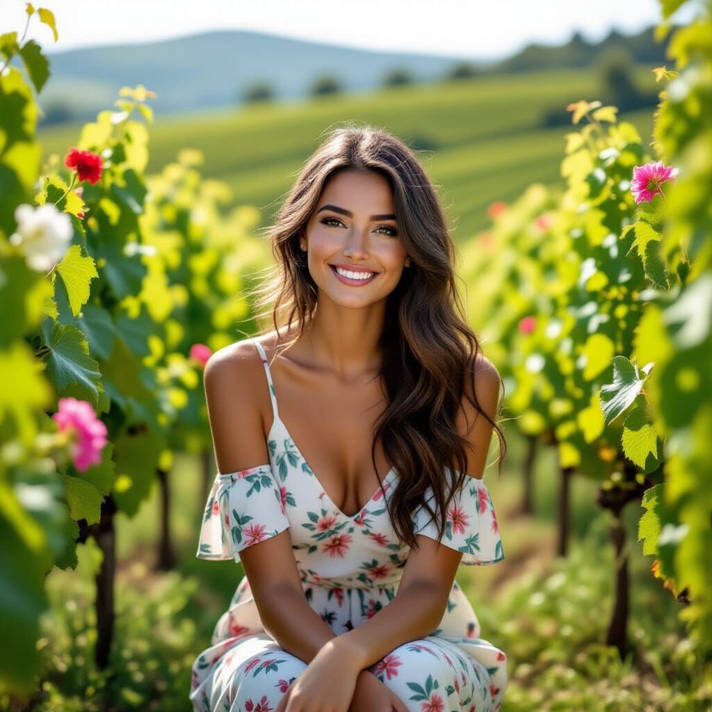 Italian Woman Amongst Grape Vines and Flowers